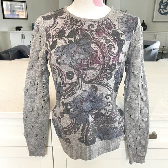 Alberto Makali Designer 2 Pce Floral Wool Acrylic Sweater & Scarf Grey Blu Sz M - Picture 1 of 13